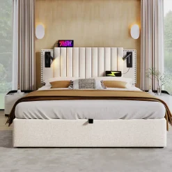 Okwish Lit Coffre - Lit Double 140x200 cm avec Rangement Hydraulique et Lampe de Lecture - Cadre en Coton - Beige - sans Matelas