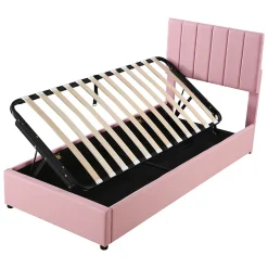 Redom Lit coffre 90 sur 200 cm avec sommier hydraulique tête de lit en lin doux rose pour adultes ou adolescents New