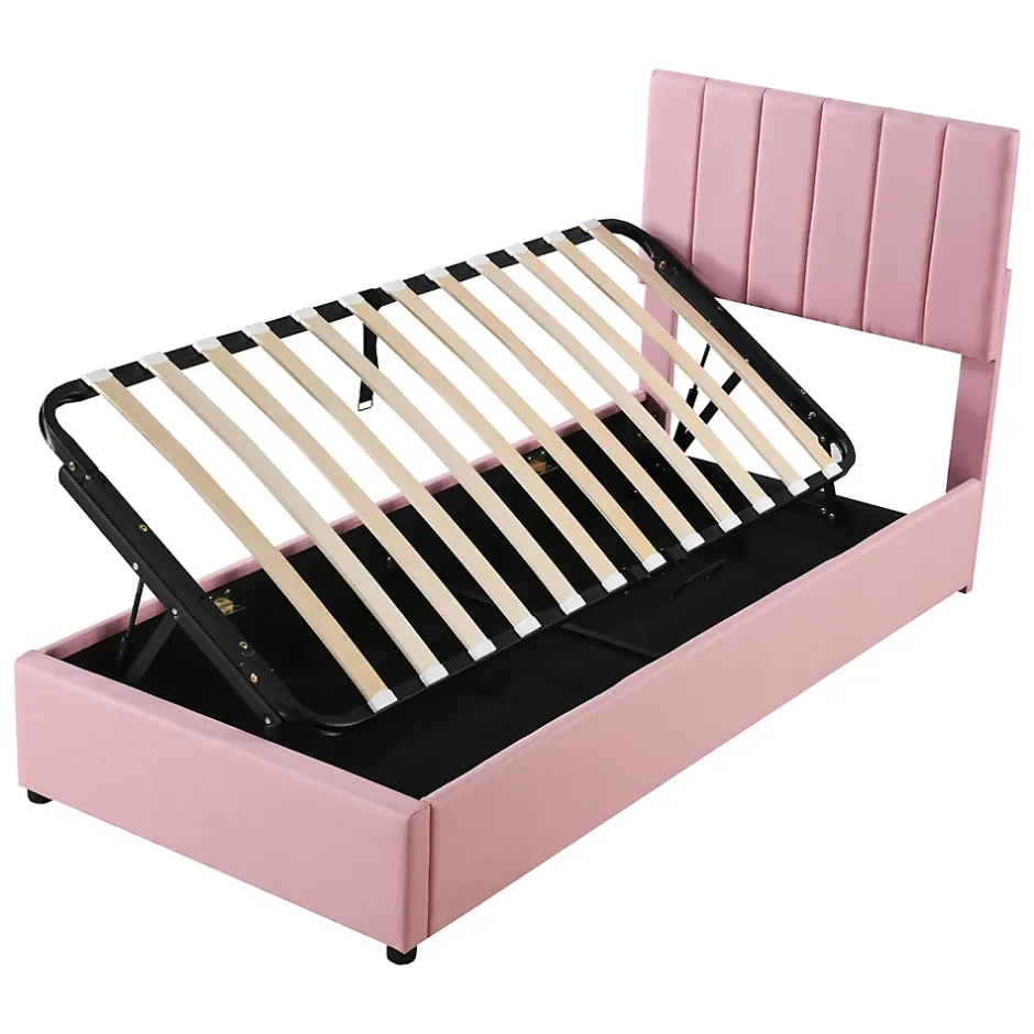 Redom Lit coffre 90 sur 200 cm avec sommier hydraulique tête de lit en lin doux rose pour adultes ou adolescents New