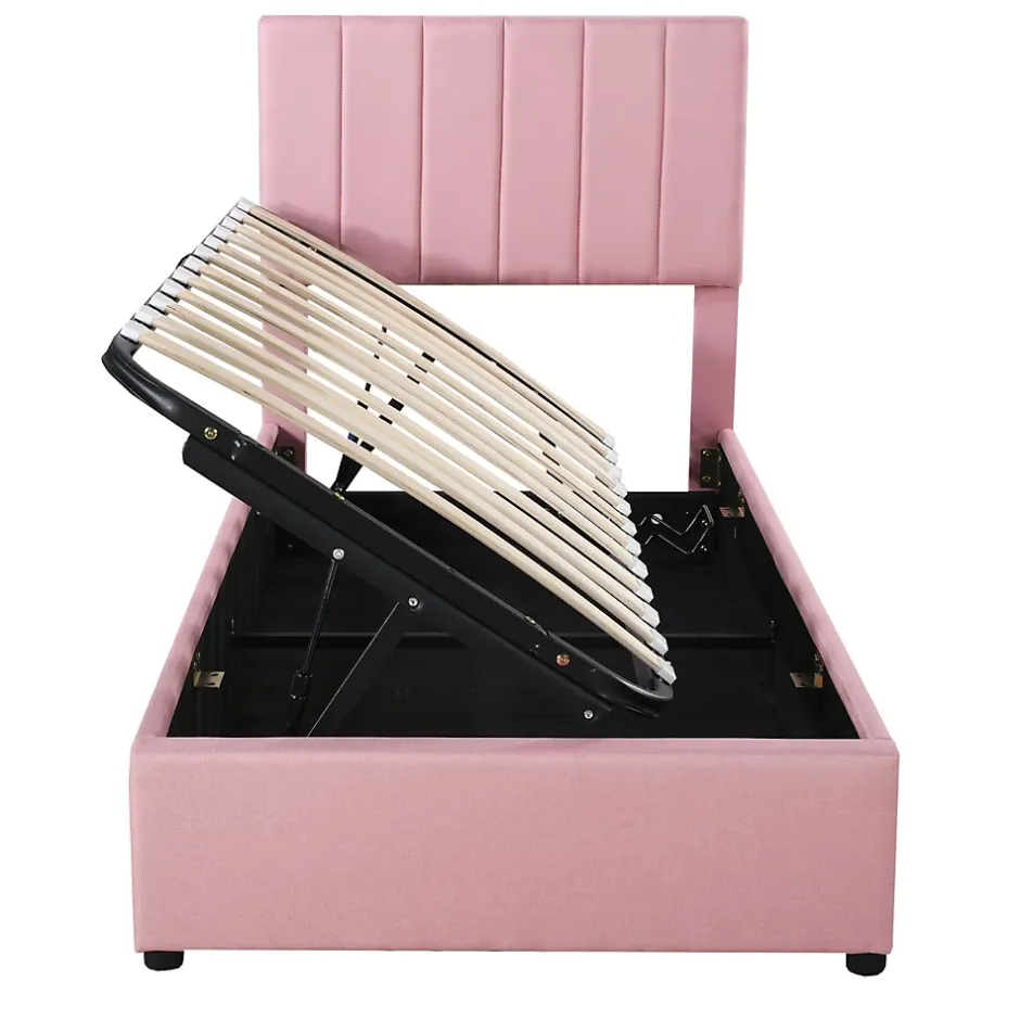 Redom Lit coffre 90 sur 200 cm avec sommier hydraulique tête de lit en lin doux rose pour adultes ou adolescents New