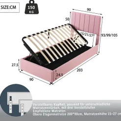 Redom Lit coffre 90 sur 200 cm avec sommier hydraulique tête de lit en lin doux rose pour adultes ou adolescents New
