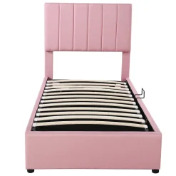 Redom Lit coffre 90 sur 200 cm avec sommier hydraulique tête de lit en lin doux rose pour adultes ou adolescents New