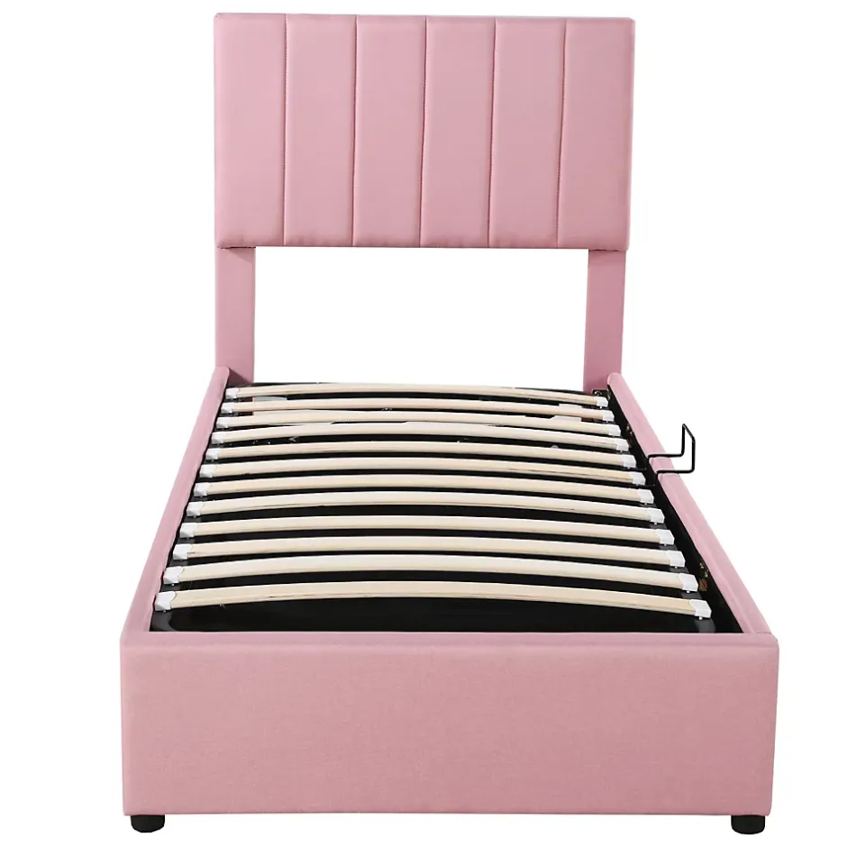 Redom Lit coffre 90 sur 200 cm avec sommier hydraulique tête de lit en lin doux rose pour adultes ou adolescents New