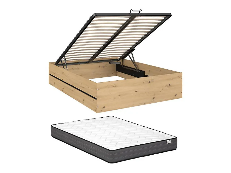 Vente-unique Lit coffre 140 x 190 cm - Coloris : Naturel et noir + Matelas - LUDARO