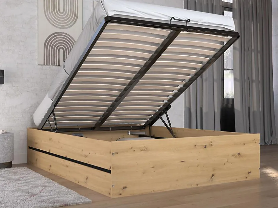 Vente-unique Lit coffre 140 x 190 cm - Coloris : Naturel et noir + Matelas - LUDARO