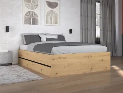 Vente-unique Lit coffre 140 x 190 cm - Coloris : Naturel et noir + Matelas - LUDARO