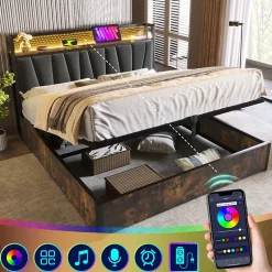 Okwish Lit coffre 140 x 200 cm - Lit adulte avec Tête de Lit LED + USB - Lin + Métal - Sans Matelas - Gris Sale