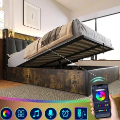 Okwish Lit coffre 140 x 200 cm - Lit adulte avec Tête de Lit LED + USB - Lin + Métal - Sans Matelas - Gris Sale