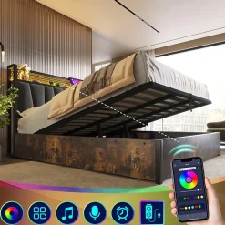 Okwish Lit coffre 180 x 200 cm - Lit adulte avec Tête de Lit LED + USB - Lin + Métal - Sans Matelas - Gris Clearance