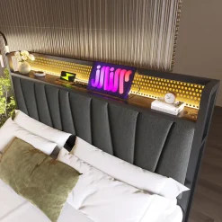 Okwish Lit coffre 180 x 200 cm - Lit adulte avec Tête de Lit LED + USB - Lin + Métal - Sans Matelas - Gris Clearance