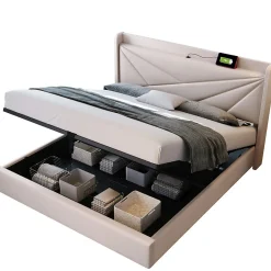 Okwish Lit coffre 180 x 200 cm - Lit double capitonné avec USB Type C - Coton et métal - Sans Matelas - Beige