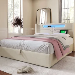 Okwish Lit coffre 160 x 200 cm - Lit double avec USB Type-C + LED - Lin - avec Matelas - Beige