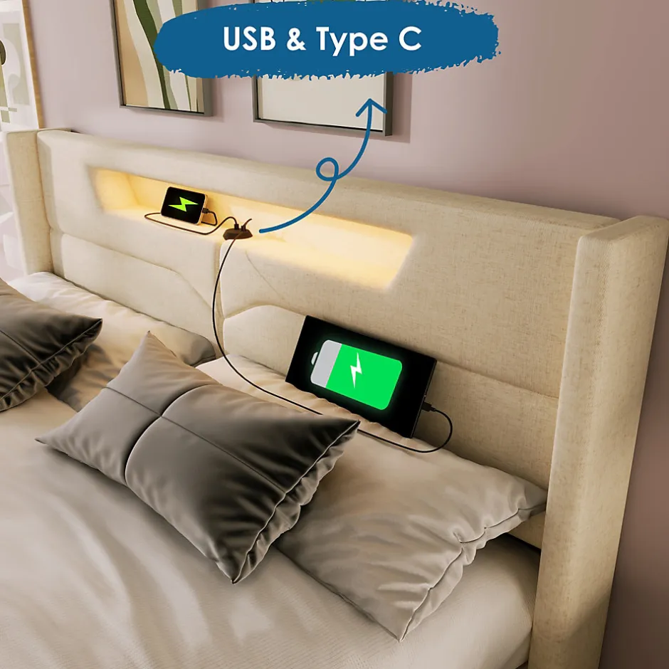 Okwish Lit coffre 160 x 200 cm - Lit double avec USB Type-C + LED - Lin - avec Matelas - Beige