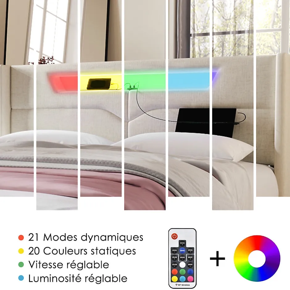 Okwish Lit coffre 160 x 200 cm - Lit double avec USB Type-C + LED - Lin - avec Matelas - Beige