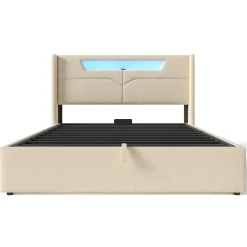 Okwish Lit coffre 160 x 200 cm - Lit double avec USB Type-C + LED - Lin - avec Matelas - Beige