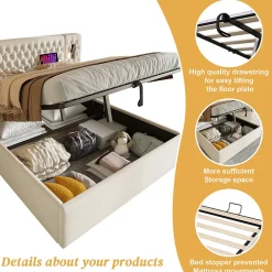 Okwish Lit coffre 160 x 200 cm - Lit double avec 2 tables de chevet et lampe de lecture - Velours - avec Matelas - Beige
