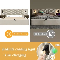 Okwish Lit coffre 160 x 200 cm - Lit double avec 2 tables de chevet et lampe de lecture - Velours - avec Matelas - Beige