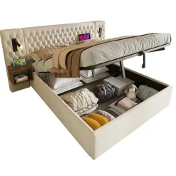 Okwish Lit coffre 160 x 200 cm - Lit double avec 2 tables de chevet et lampe de lecture - Velours - avec Matelas - Beige