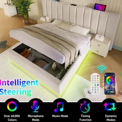 Generique Lit Coffre 180 x 200 Cm - Lit Double Capitonné avec LED et Charge USB-C - Métal, Lin, Bois Massif - Sans Matelas - Beige Discount