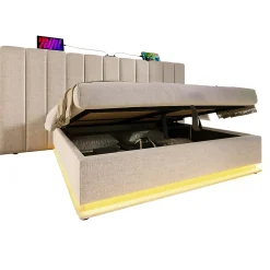 Generique Lit Coffre 180 x 200 Cm - Lit Double Capitonné avec LED et Charge USB-C - Métal, Lin, Bois Massif - Sans Matelas - Beige Discount