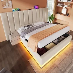 Generique Lit Coffre 180 x 200 Cm - Lit Double Capitonné avec LED et Charge USB-C - Métal, Lin, Bois Massif - Sans Matelas - Beige Discount
