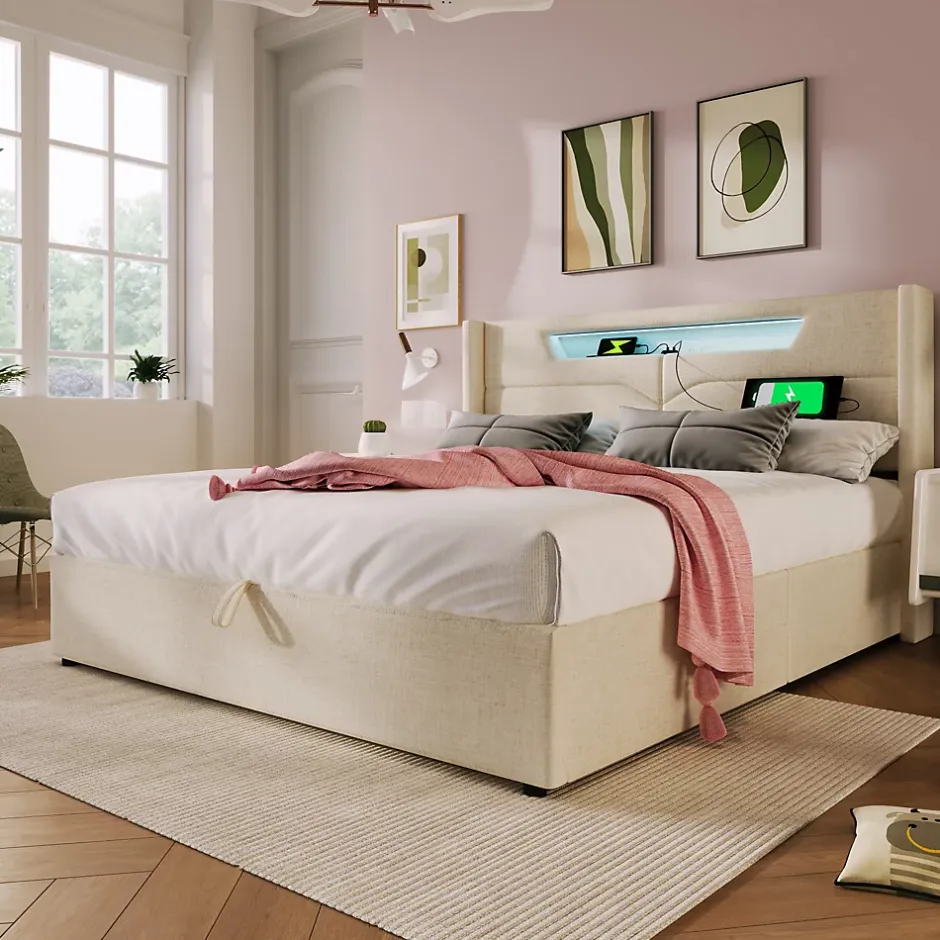 Generique Lit coffre 140 x 200 cm - Lit double avec USB Type-C + Éclairage LED - Lin - Sans Matelas - Beige