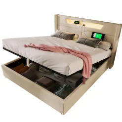 Generique Lit coffre 140 x 200 cm - Lit double avec USB Type-C + Éclairage LED - Lin - Sans Matelas - Beige