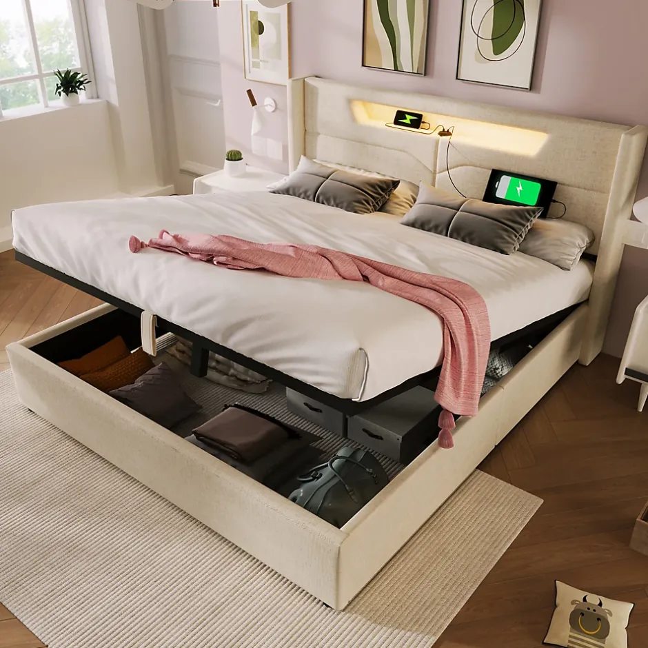 Generique Lit coffre 140 x 200 cm - Lit double avec USB Type-C + Éclairage LED - Lin - Sans Matelas - Beige