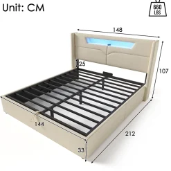 Generique Lit coffre 140 x 200 cm - Lit double avec USB Type-C + Éclairage LED - Lin - Sans Matelas - Beige