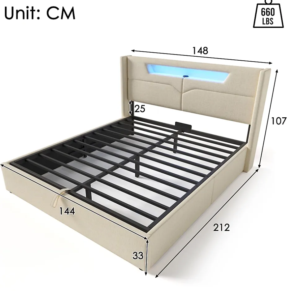 Generique Lit coffre 140 x 200 cm - Lit double avec USB Type-C + Éclairage LED - Lin - Sans Matelas - Beige