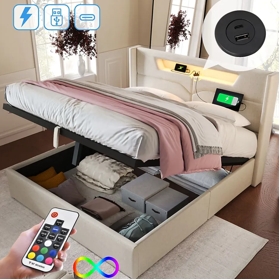 Generique Lit coffre 140 x 200 cm - Lit double avec USB Type-C + Éclairage LED - Lin - Sans Matelas - Beige