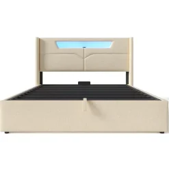Generique Lit coffre 140 x 200 cm - Lit double avec USB Type-C + Éclairage LED - Lin - Sans Matelas - Beige