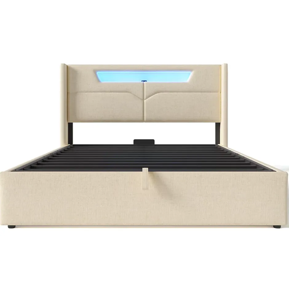 Generique Lit coffre 140 x 200 cm - Lit double avec USB Type-C + Éclairage LED - Lin - Sans Matelas - Beige