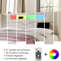 Generique Lit coffre 140 x 200 cm - Lit double avec USB Type-C + Éclairage LED - Lin - Sans Matelas - Beige
