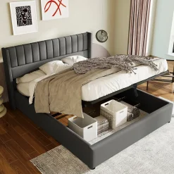 Generique Lit coffre 180 x 200 cm - Lit Double avec Sommier à Lattes - Lin Bois Métal - Sans Matelas - Gris New