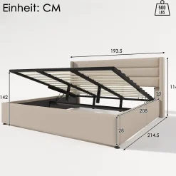 Okwish Lit Coffre 180 x 200 cm - Lit Double avec Grand Espace de Rangement - Structure en Lin et Métal - Sans Matelas - Beige New