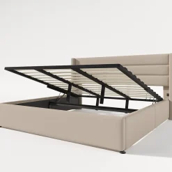 Okwish Lit Coffre 180 x 200 cm - Lit Double avec Grand Espace de Rangement - Structure en Lin et Métal - Sans Matelas - Beige New