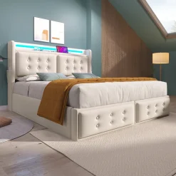 Okwish Lit Coffre 140 x 200 Cm - Lit Double avec Tête de Lit LED et Charge USB C - Bois, Coton, Métal - Sans Matelas - Beige