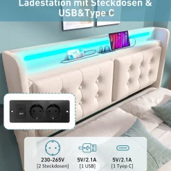 Okwish Lit Coffre 140 x 200 Cm - Lit Double avec Tête de Lit LED et Charge USB C - Bois, Coton, Métal - Sans Matelas - Beige