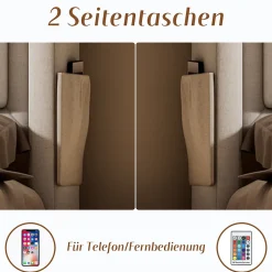 Okwish Lit Coffre 140 x 200 Cm - Lit Double avec Tête de Lit LED et Charge USB C - Bois, Coton, Métal - Sans Matelas - Beige