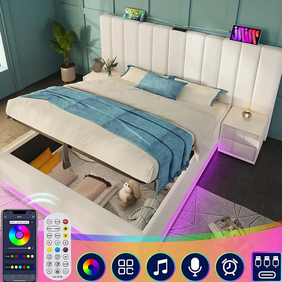 Generique Lit Coffre 160 x 200 Cm - Lit Double Capitonné avec LED et Charge USB-C - Métal, PU, Bois Massif - Sans Matelas - Blanc