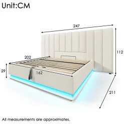 Generique Lit Coffre 160 x 200 Cm - Lit Double Capitonné avec LED et Charge USB-C - Métal, PU, Bois Massif - Sans Matelas - Blanc