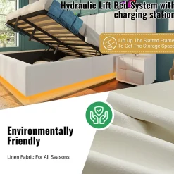 Generique Lit Coffre 160 x 200 Cm - Lit Double Capitonné avec LED et Charge USB-C - Métal, PU, Bois Massif - Sans Matelas - Blanc