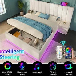 Generique Lit Coffre 180 x 200 Cm - Lit Double avec LED et Charge USB-C - Métal, Similicuir, Bois Massif - Sans Matelas - Blanc