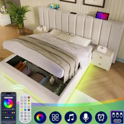 Generique Lit Coffre 160 x 200 Cm - Lit Double avec LED et Charge USB-C - Métal, Lin, Bois Massif - Sans Matelas - Beige