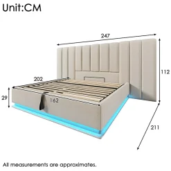 Generique Lit Coffre 160 x 200 Cm - Lit Double avec LED et Charge USB-C - Métal, Lin, Bois Massif - Sans Matelas - Beige