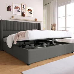 Generique Lit coffre 140 x 200 cm - Lit Double avec Sommier à Lattes - Lin Bois Métal - Sans Matelas - Gris Hot