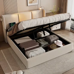 Okwish Lit Coffre 160 x 200 Cm - Lit Double avec Lampe de Lecture et Charge USB - Bois Massif et PU - Sans Matelas - Beige