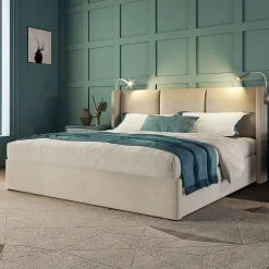 Okwish Lit Coffre 160 x 200 Cm - Lit Double avec Lampe de Lecture et Charge USB - Bois Massif et PU - Sans Matelas - Beige