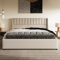 Okwish Lit coffre 160 x 200 cm - Lit Double avec Sommier à Lattes - Lin Bois Métal - Sans Matelas - Beige